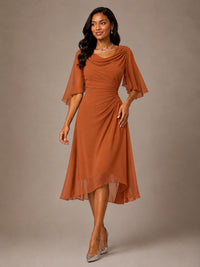 Cowl Neck Ruched Chiffon Mother of the Bride Dresses with Flutter Sleeves
