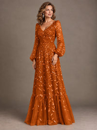 Floral Sequin Embroidered A-Line Mother of the Bride Dress with Long Sleeves