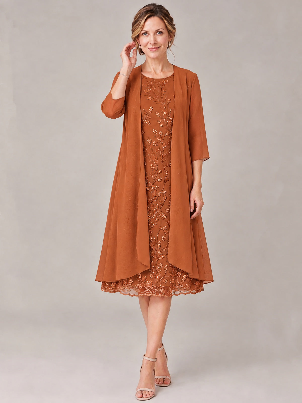 Tea Length Sequin Lace Mother of The Bride Dress with Chiffon Jacket
