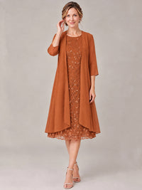 Tea Length Sequin Lace Mother of The Bride Dress with Chiffon Jacket