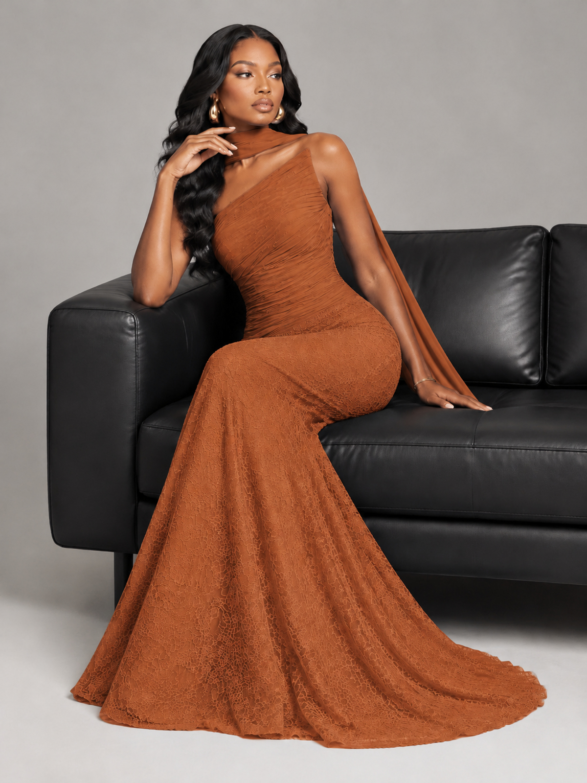 Pleated Chiffon Lace Prom Dresses Long Bodycon Mermaid with Scarf