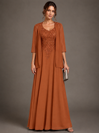 A-line 2 Pieces Chiffon Appliques Mother of The Bride Dresses with Jackets
