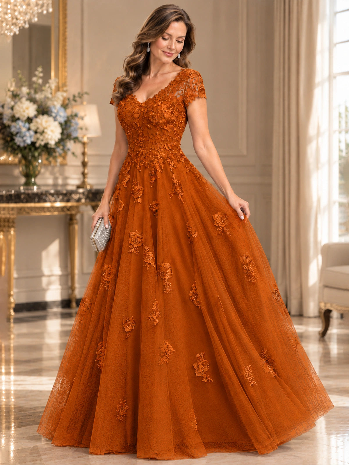 Lace Appliques A-line Mother of The Bride Dresses with Short Sleeves