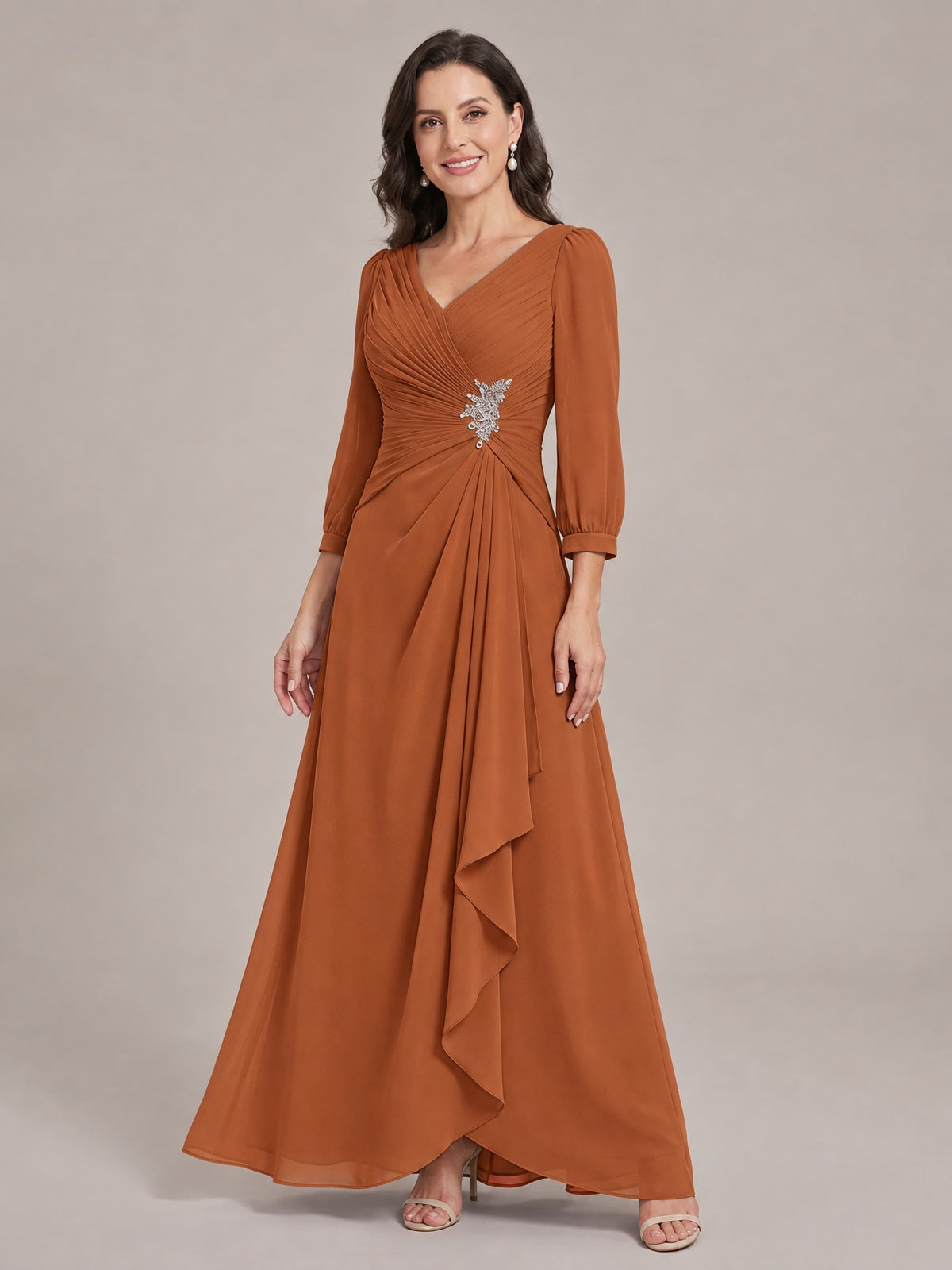 V-Neck Pleated Chiffon Mother of the Bride Dress with Flutter Sleeves
