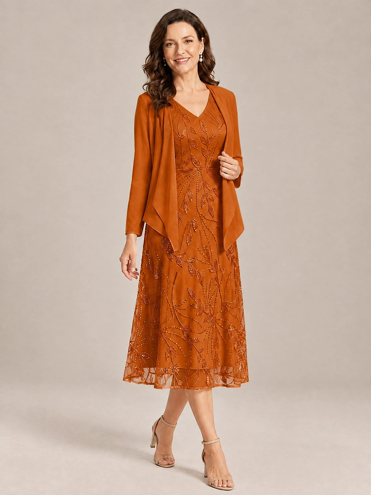 Tea Length Sequin Lace Mother of the Bride Dress with Chiffon Jacket
