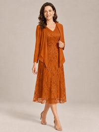 Tea Length Sequin Lace Mother of the Bride Dress with Chiffon Jacket