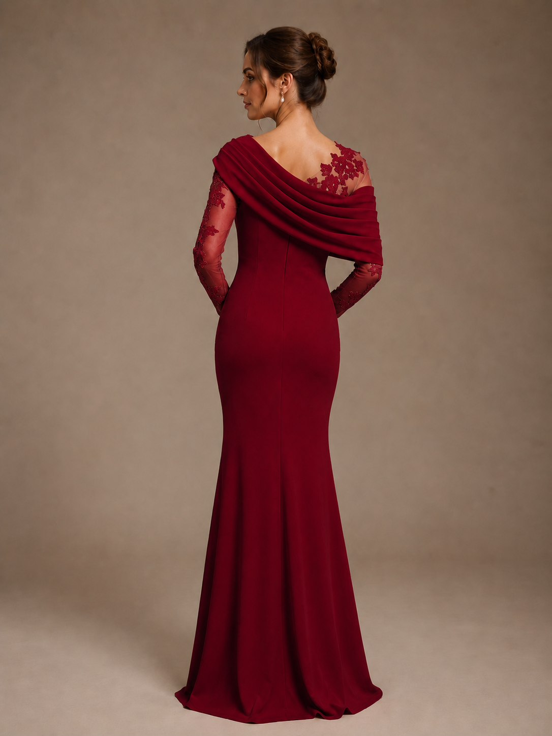 Dusty Rose Illusion Long Sleeve Chiffon Applique Mother of The Bride Dress