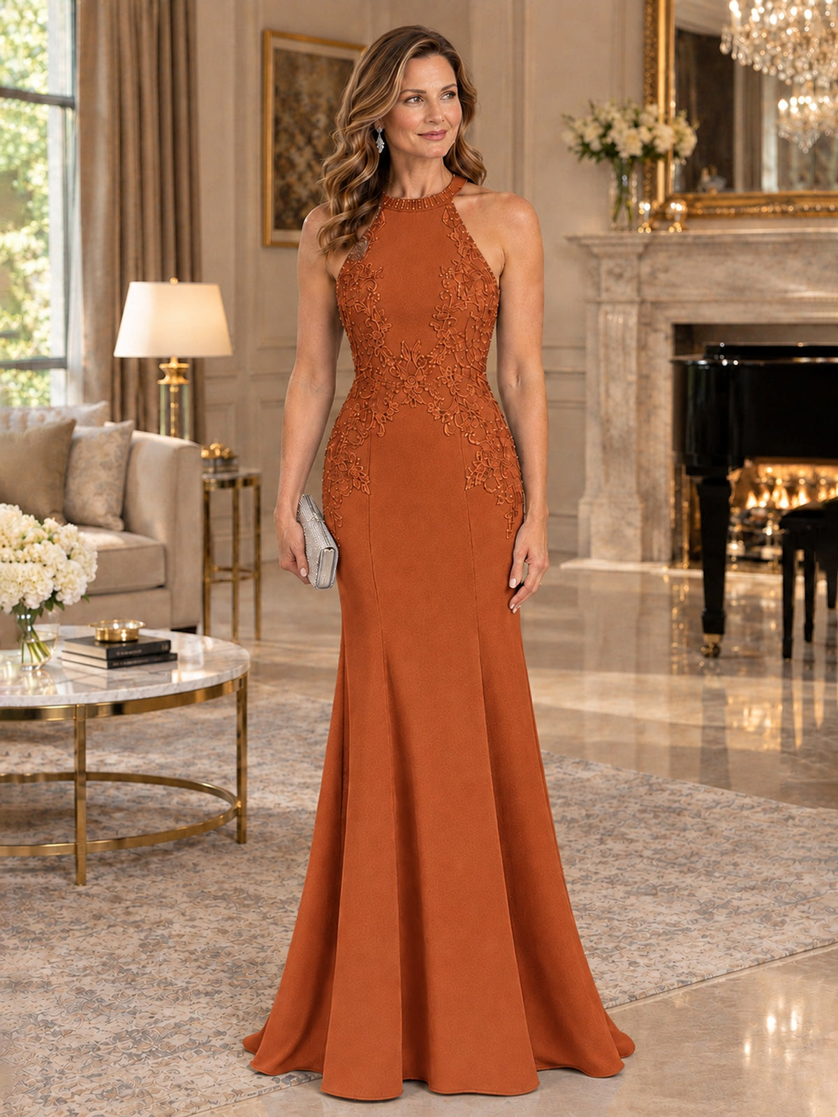 Halter Neckline Lace Appliques Mother of The Bride Dresses