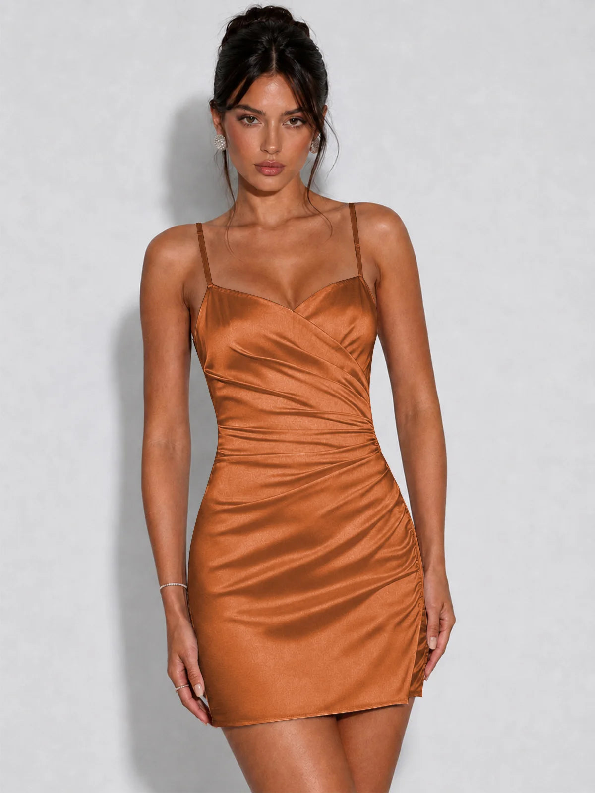 Satin Ruched Spaghetti Strap Homecoming Dress