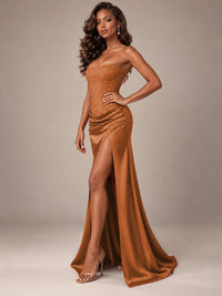Burgundy Strapless Sparkly Corset Prom Dress with High Slit