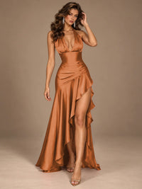Burgundy Halter Deep V-Neck Ruched High Slit Ruffle Prom Dress