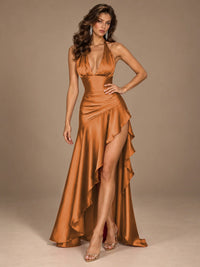 Burgundy Halter Deep V-Neck Ruched High Slit Ruffle Prom Dress