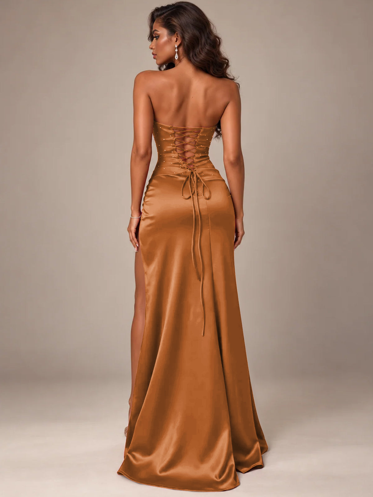 Burgundy Strapless Sparkly Corset Prom Dress with High Slit