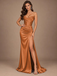 Dusty Blue Strapless Lace Corset Prom Dress with High Slit