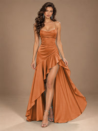 Burgundy Spaghetti Strap Ruched Prom Dress with Ruffled High Slit