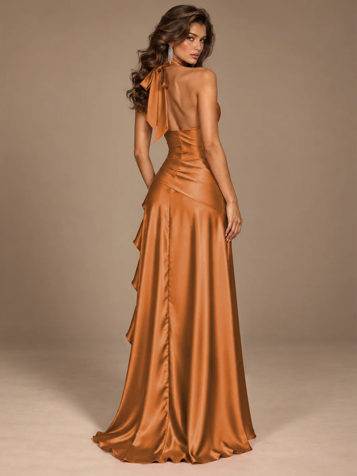 Burgundy Halter Deep V-Neck Ruched High Slit Ruffle Prom Dress