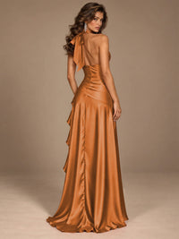 Burgundy Halter Deep V-Neck Ruched High Slit Ruffle Prom Dress
