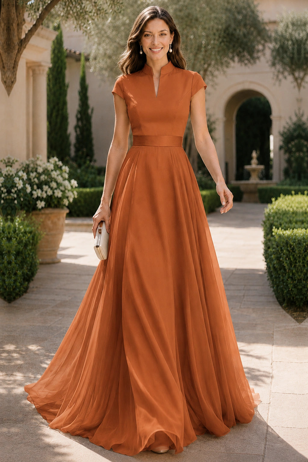 V Neck Cap Sleeve A-Line Floor-Length Satin Bridesmaid Dress