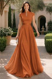 V Neck Cap Sleeve A-Line Floor-Length Satin Bridesmaid Dress