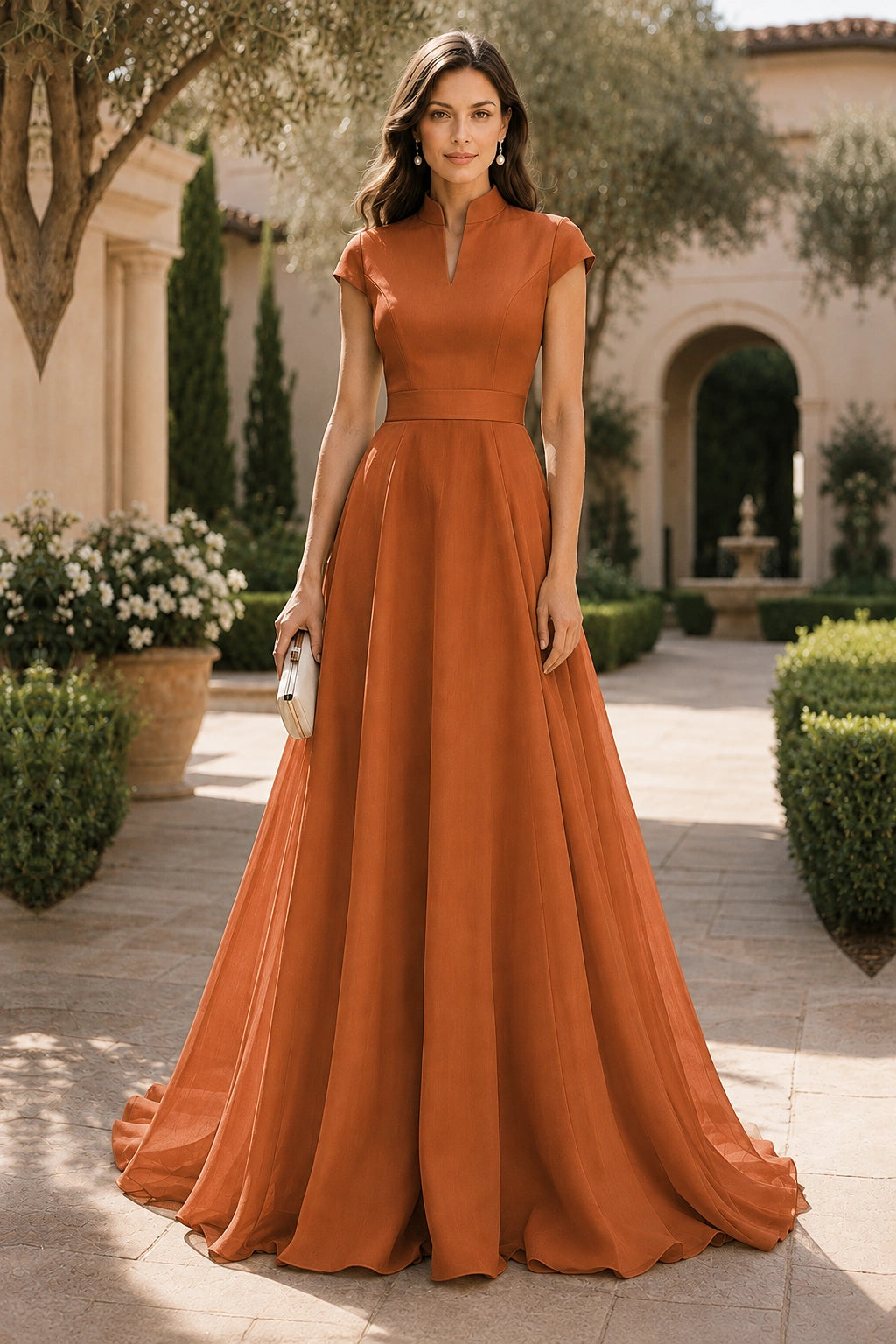 V Neck Cap Sleeve A-Line Floor-Length Satin Bridesmaid Dress