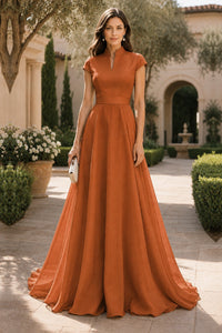 V Neck Cap Sleeve A-Line Floor-Length Satin Bridesmaid Dress