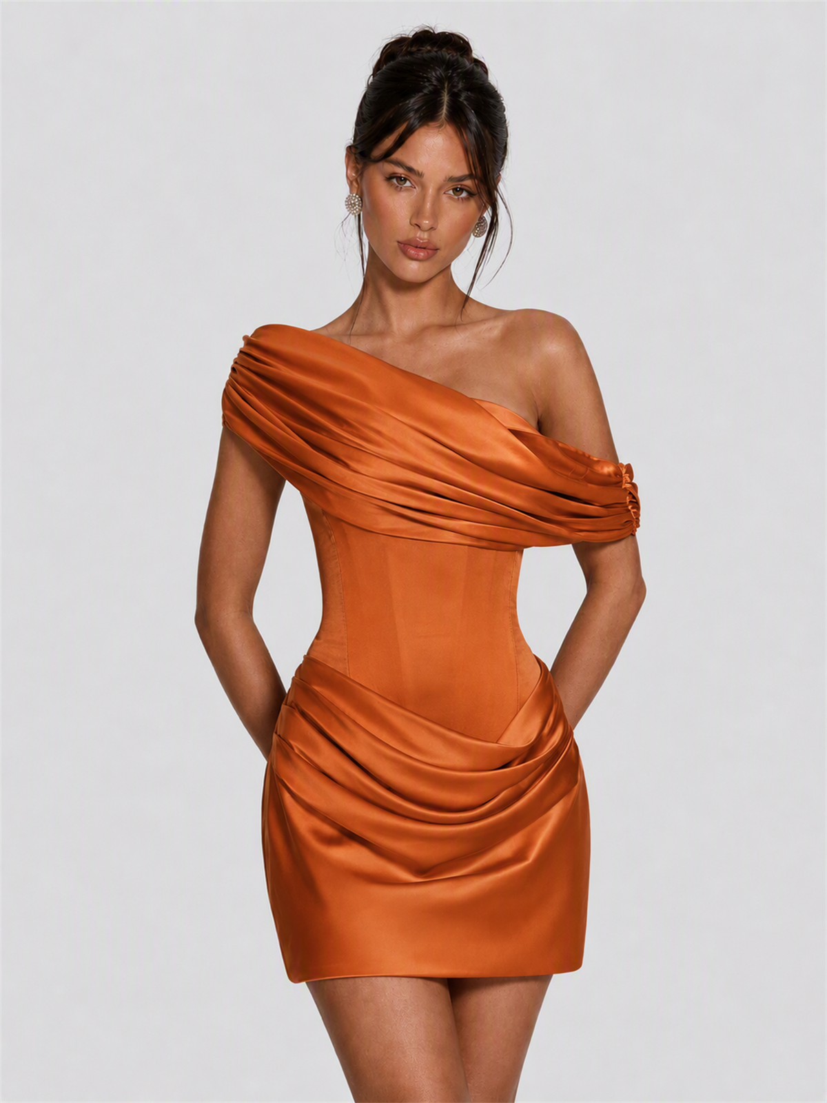 Strapless Satin Corset Homecoming Dress with Detachable Off-Shoulder Drape