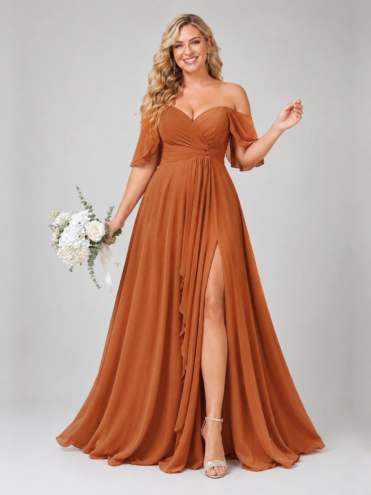 Off Shoulder Chiffon Bridesmaid Dress with Slit