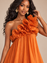 Burnt orange maxi dress with cascading ruffle neckline