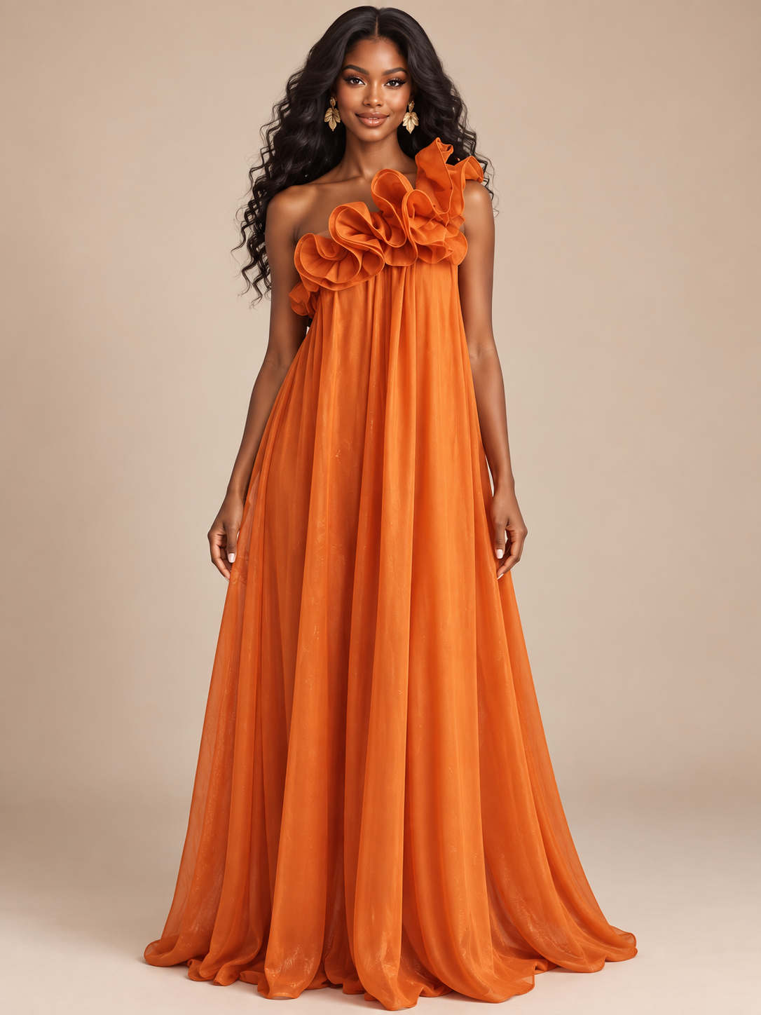 Burnt orange one shoulder ruffle maxi dress front view