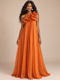 Burnt orange one shoulder ruffle maxi dress front view