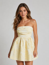 Jovellee butter yellow floral jacquard strapless mini dress