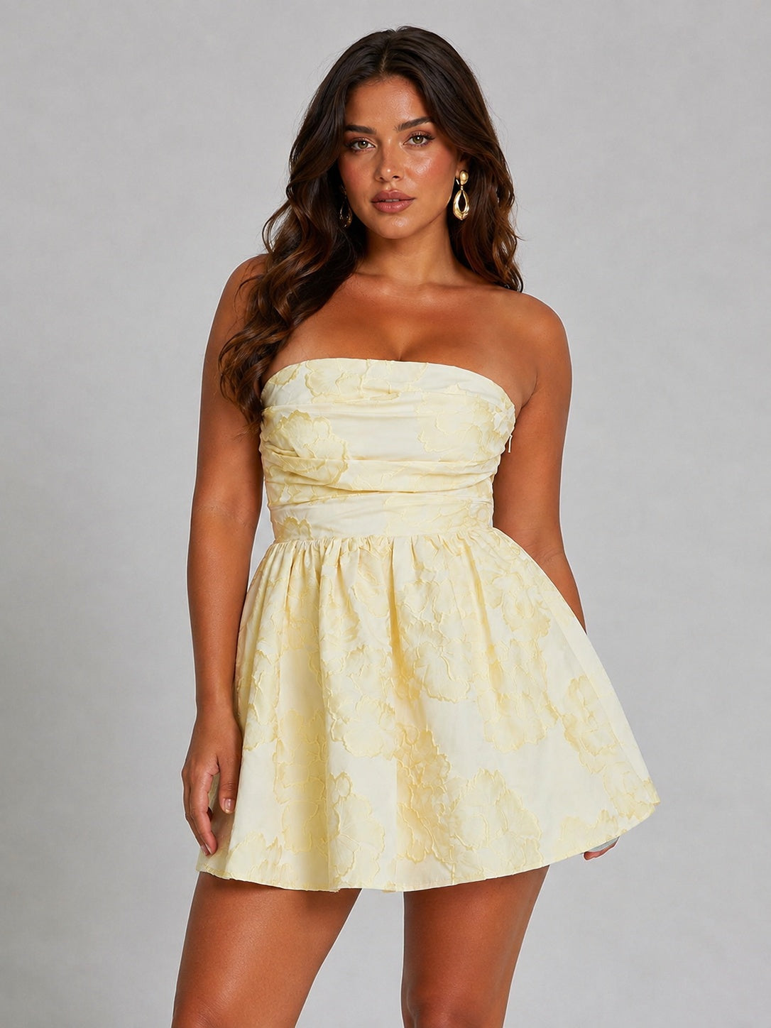 Yellow floral jacquard mini dress with ruched bodice