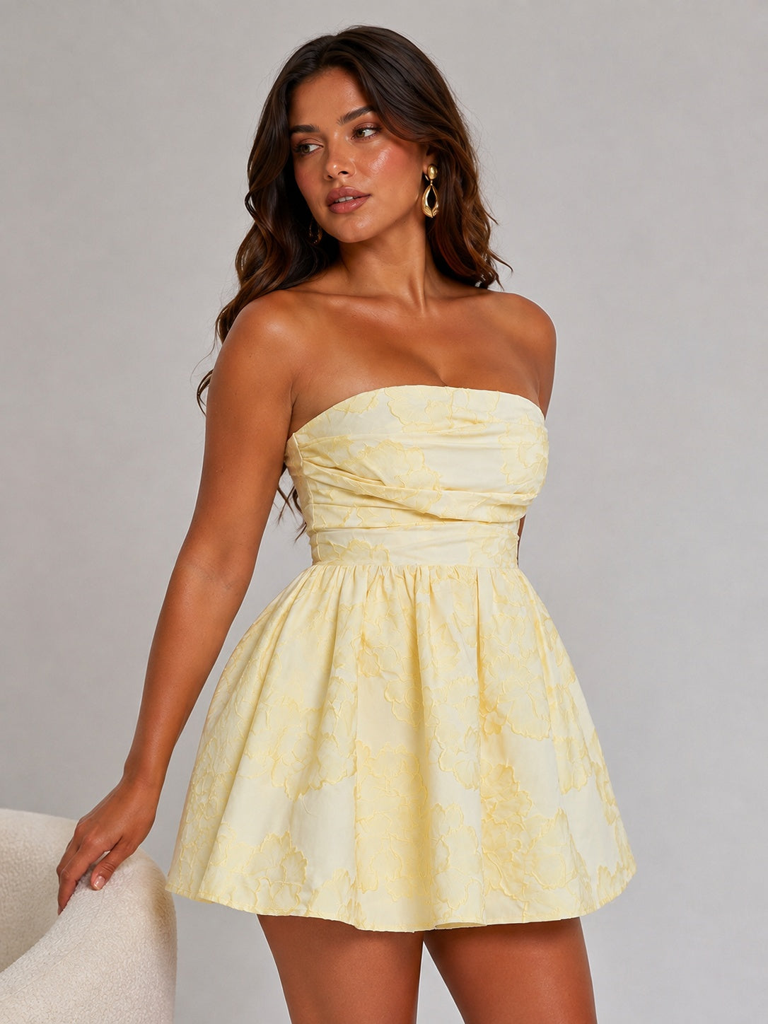 Textured floral jacquard detail on butter yellow mini dress