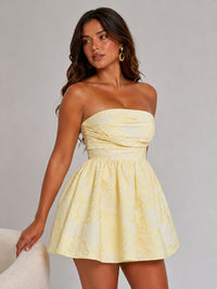 Textured floral jacquard detail on butter yellow mini dress