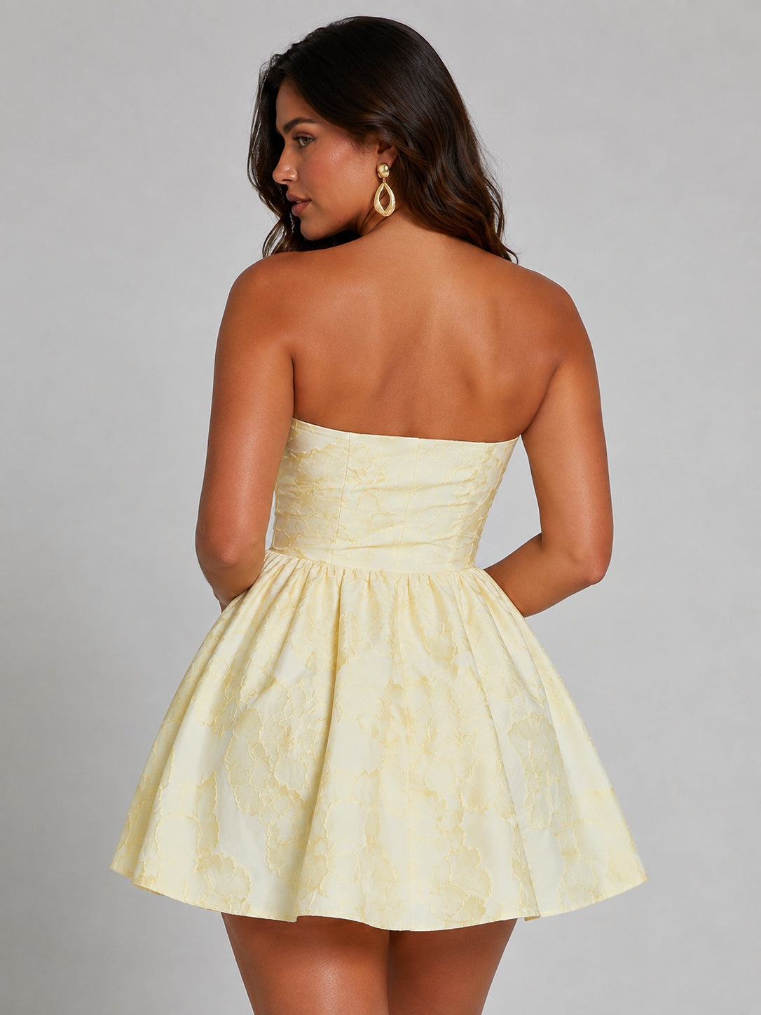 Butter yellow floral mini dress back view
