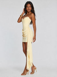 Draped hip detail on yellow corset mini dress