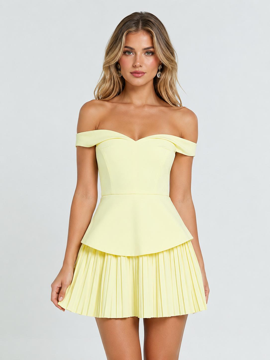 Jovellee butter yellow off-shoulder peplum pleated mini dress