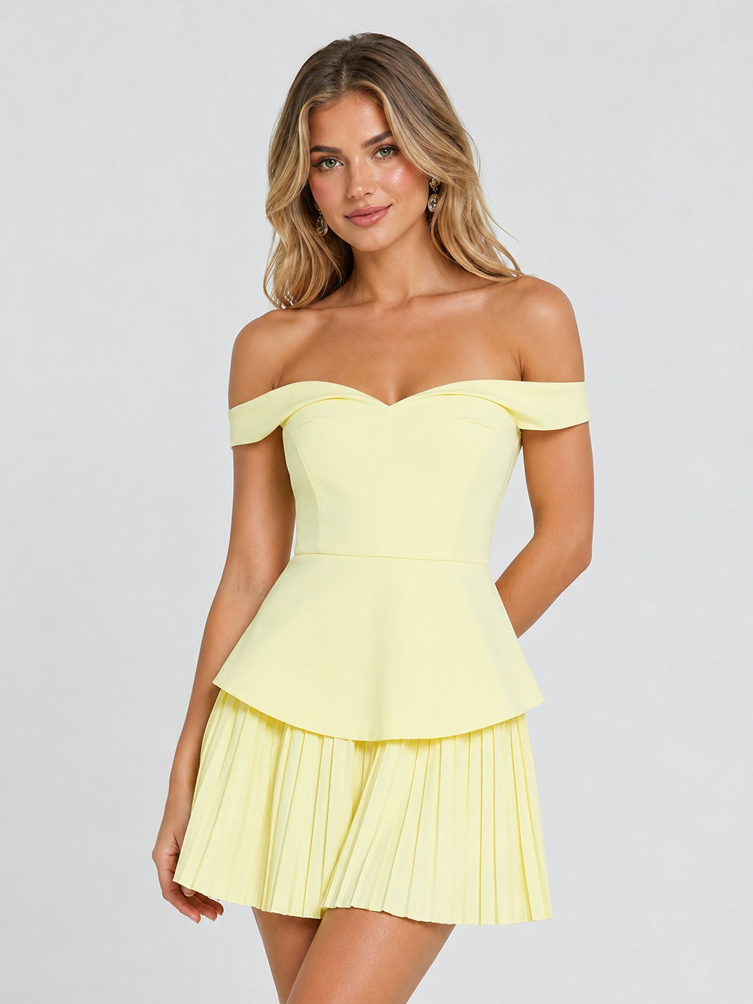 Yellow peplum A-line mini dress side view