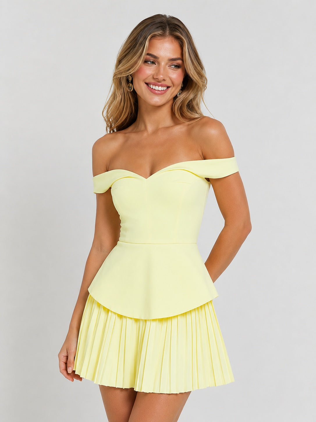 Butter yellow off-shoulder pleated mini dress