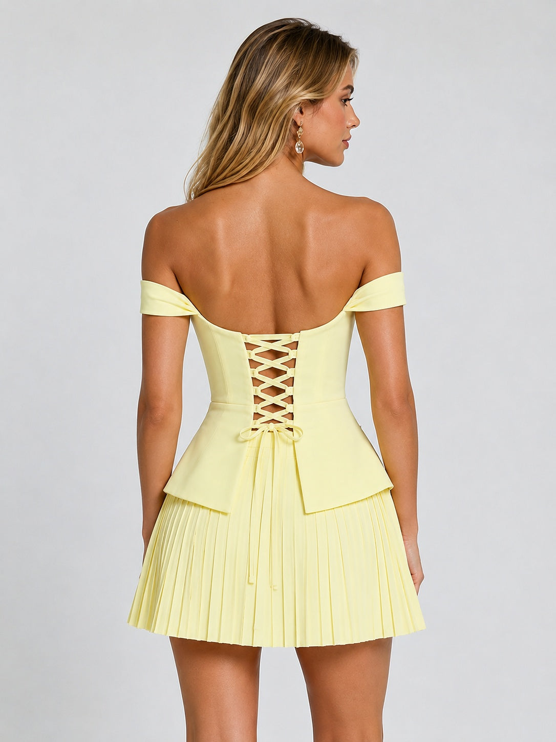 Butter Yellow Off-Shoulder Peplum Pleated Mini Dress