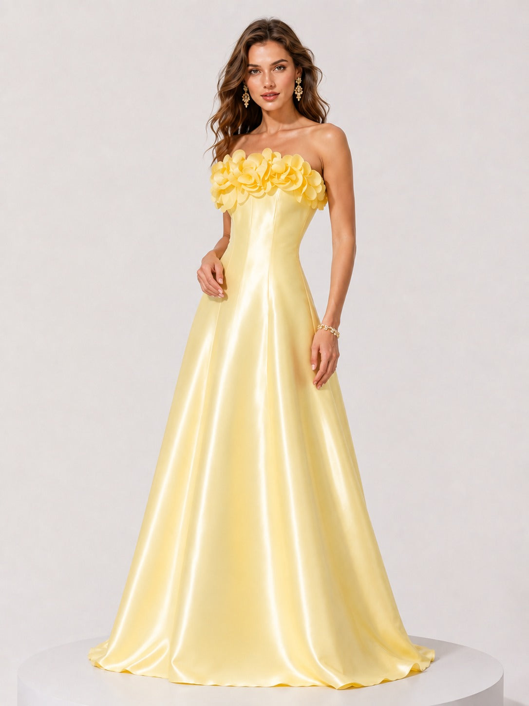 Butter yellow floor length strapless satin gown by Jovellee