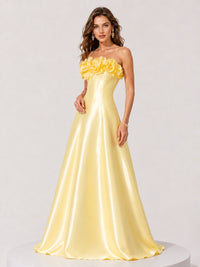 Butter yellow floor length strapless satin gown by Jovellee