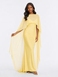 Butter yellow satin fabric detail on Jovellee formal maxi dress