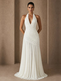 Jovellee Calista white ruched chiffon halter wedding dress with plunging neckline, full-length front view