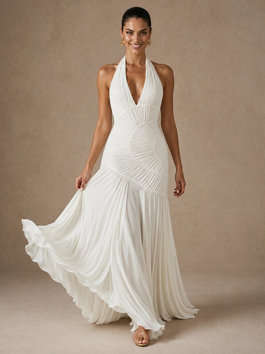 Full-length front view of the Calista white chiffon halter wedding dress with a plunging neckline