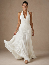 Full-length front view of the Calista white chiffon halter wedding dress with a plunging neckline