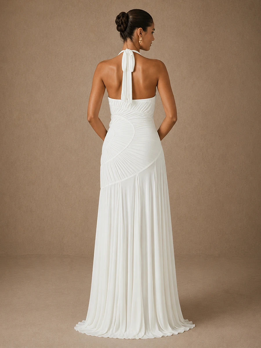 Back view of the Calista white chiffon halter wedding dress with neck ties and sculptural ruching