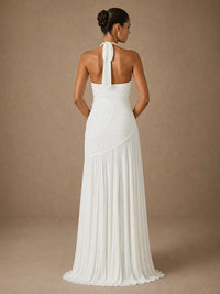 Back view of the Calista white chiffon halter wedding dress with neck ties and sculptural ruching