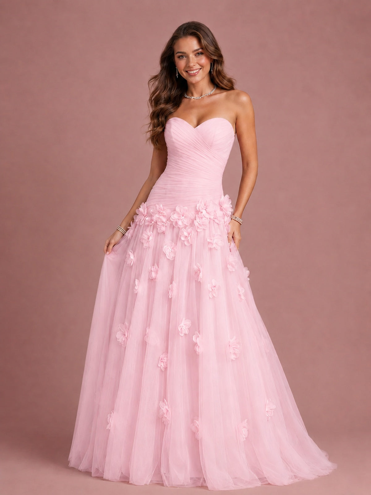 Blush Pink Strapless Sweetheart 3D Floral Tulle Ball Gown Prom Dres