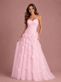 Blush Pink Strapless Sweetheart 3D Floral Tulle Ball Gown Prom Dres